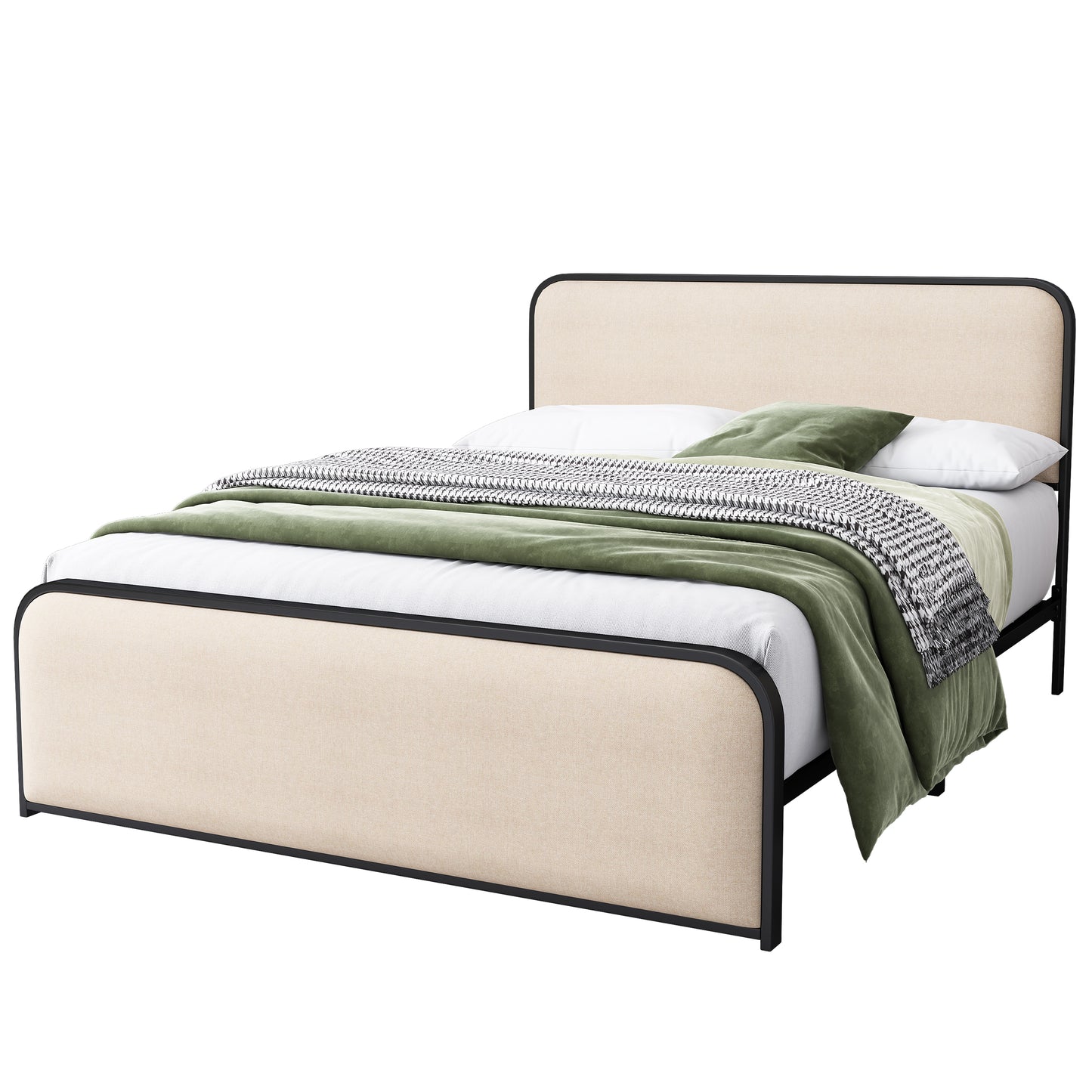 variant-group:rf-n701p229014b|Roomfitters Queen Size Metal Bed Frame, Curved Upholstered Headboard and Footboard, Under Bed Storage, Heavy Duty Slats, Beige