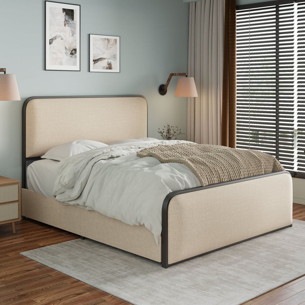 variant-group:rf-n701p229016b|Roomfitters Queen Size Metal Bed Frame, Curved Upholstered Headboard and Footboard, Built-In Storage Base, Heavy Duty Slats, Beige