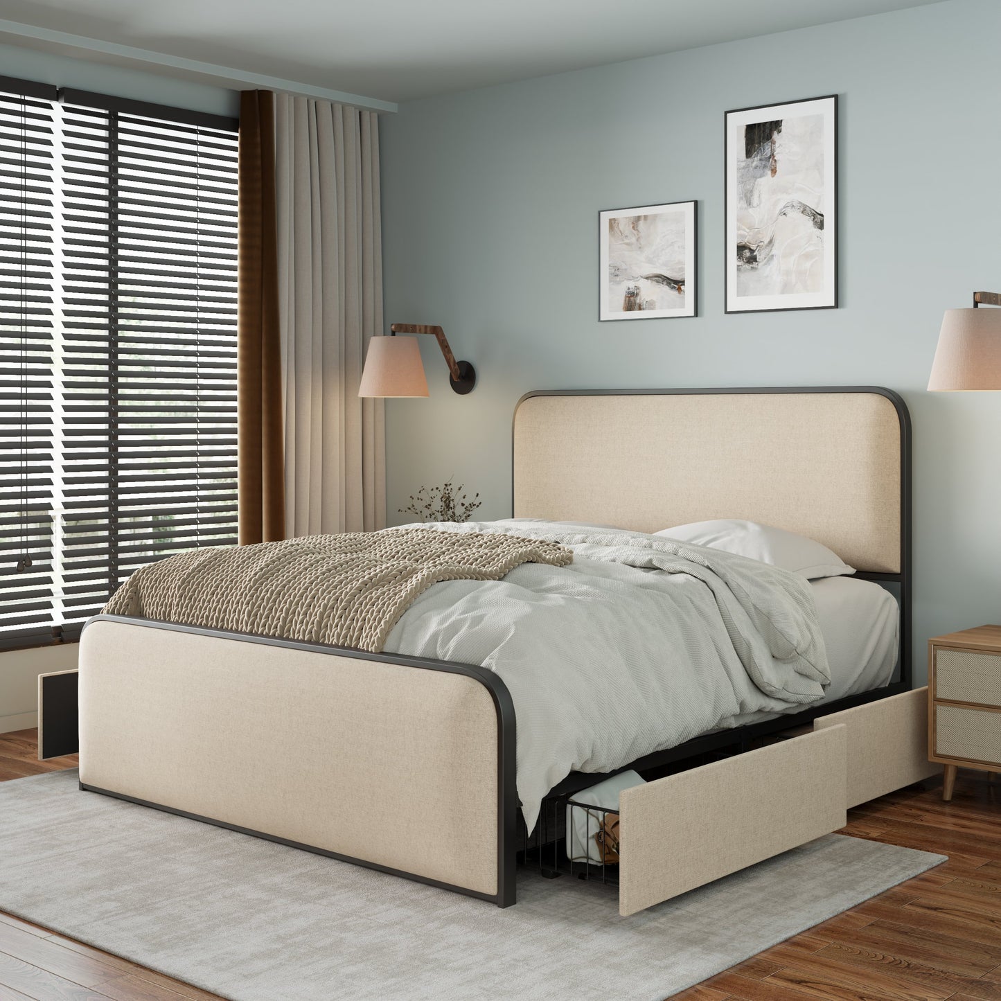 variant-group:rf-n701p229016b|Roomfitters Queen Size Metal Bed Frame, Curved Upholstered Headboard and Footboard, Built-In Storage Base, Heavy Duty Slats, Beige