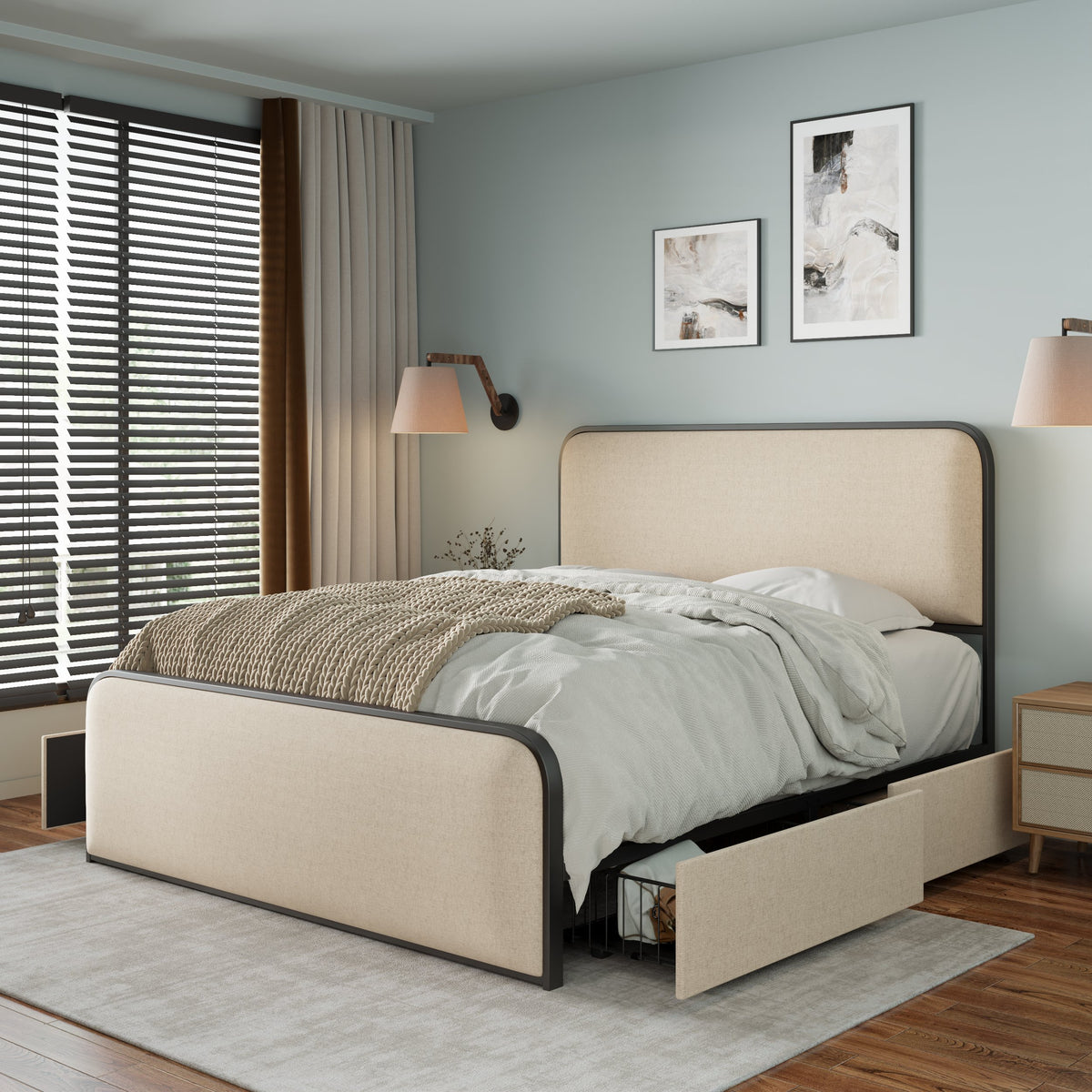 variant-group:rf-n701p229016b|Roomfitters Queen Size Metal Bed Frame, Curved Upholstered Headboard and Footboard, Built-In Storage Base, Heavy Duty Slats, Beige