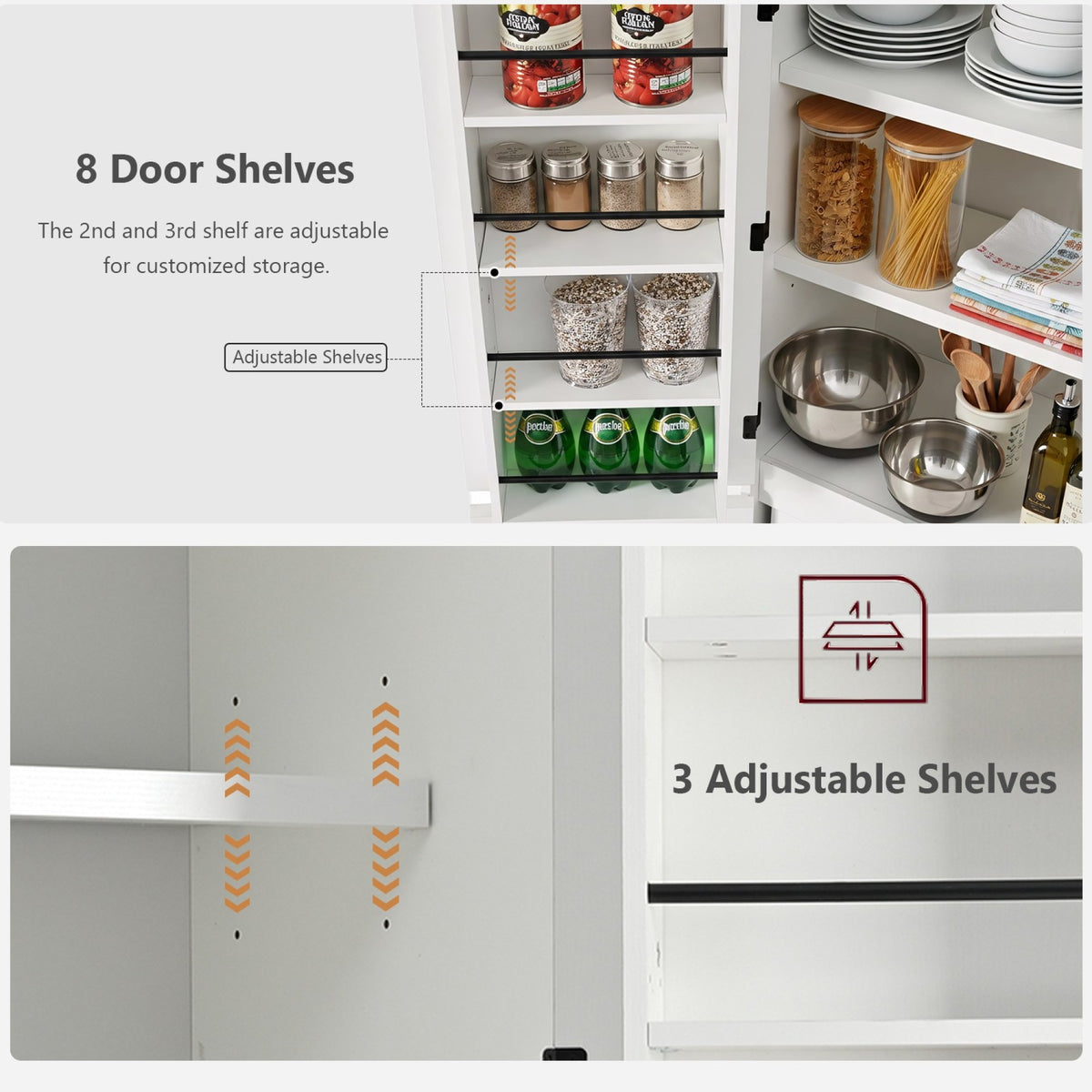 variant-group:rf-n707s000021w|Roomfitters 72" Tall Farmhouse Kitchen Pantry Cabinet with Curved Profile & 8 Door Shelves, White