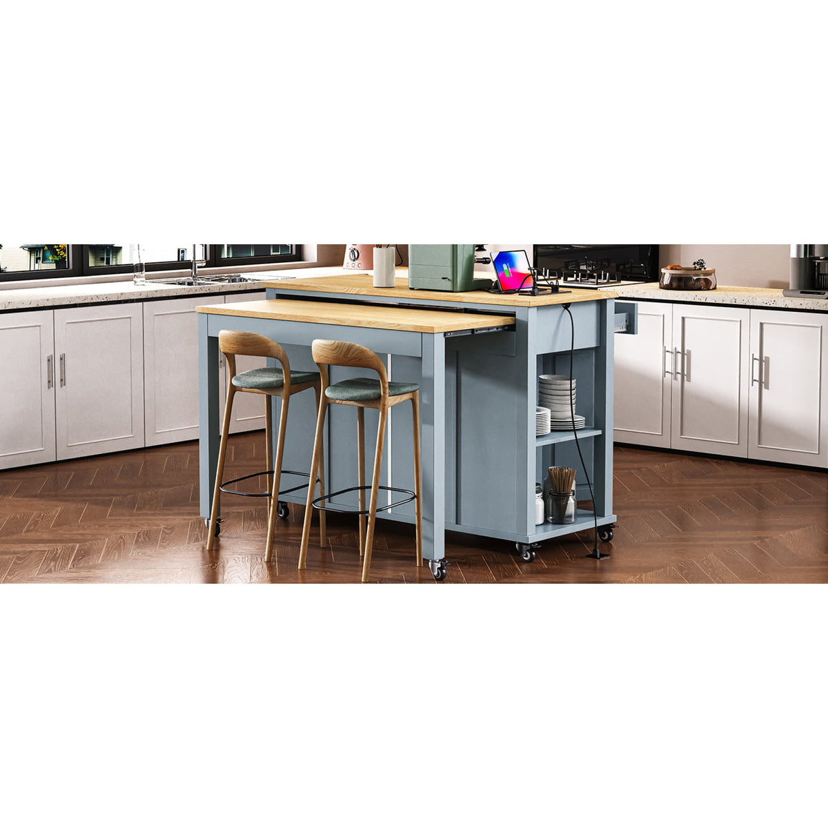 Roomfitters 47" Kitchen Island with Power Outlet and Drop Leaf, Rolling Storage Cabinet with Drawers, Modern Style, Grey+Blue