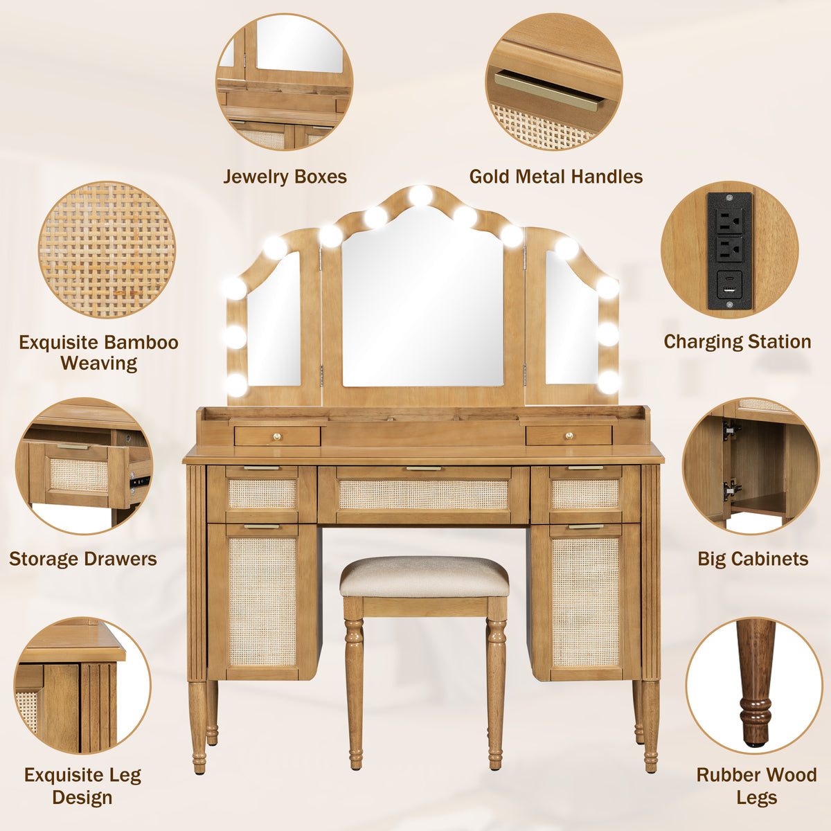 variant-group:rf-n704p342558n|Roomfitters 44-Inch Bohemian Makeup Vanity Desk with 13 Hollywood Bulbs Tri-Fold Mirror and Bamboo Drawers Natural