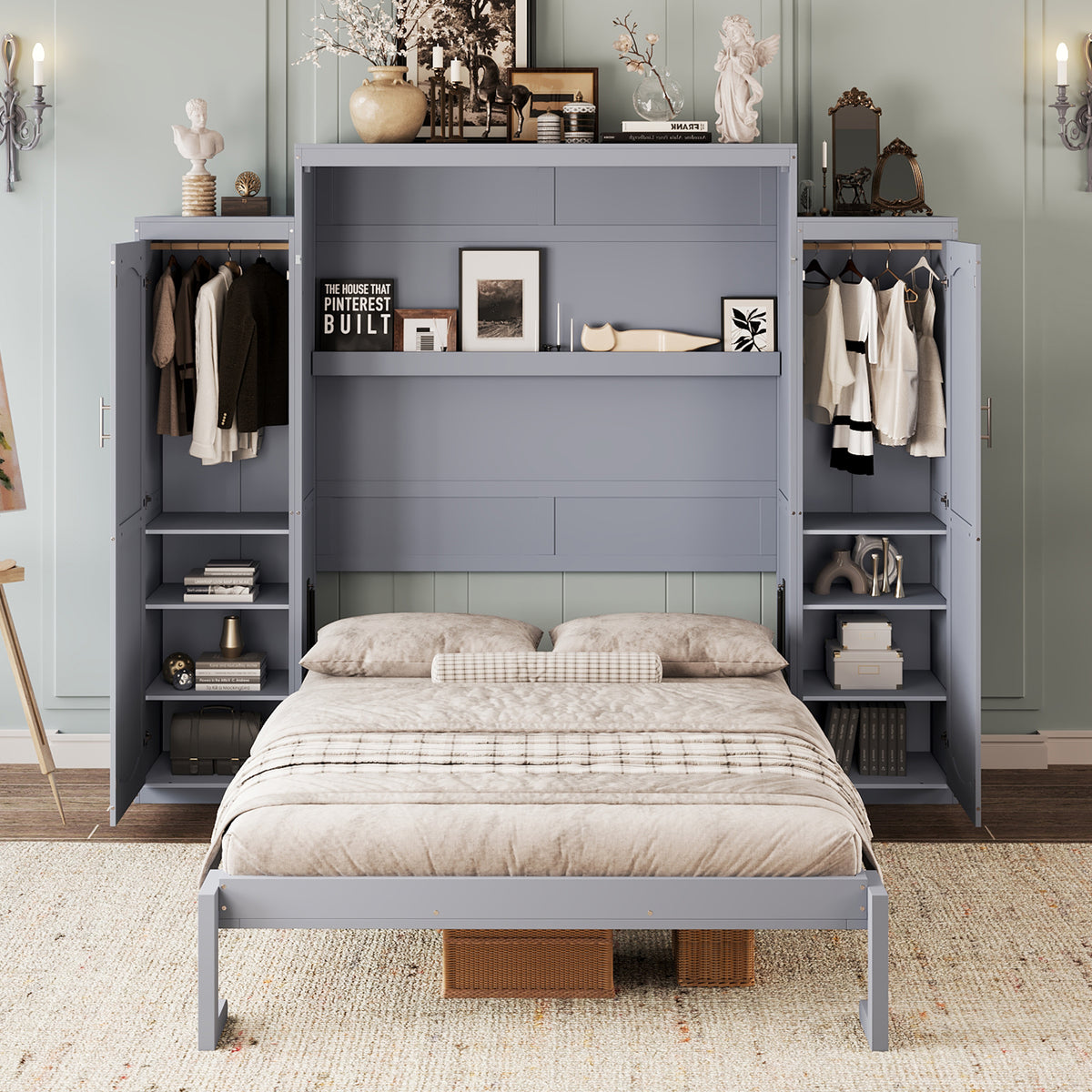 variant-group:rf-n733s235627e|Roomfitters Queen Murphy Wall Bed with Two Wardrobes and Storage Shelf, Foldable Platform Bed Frame for Guest Room, Gray