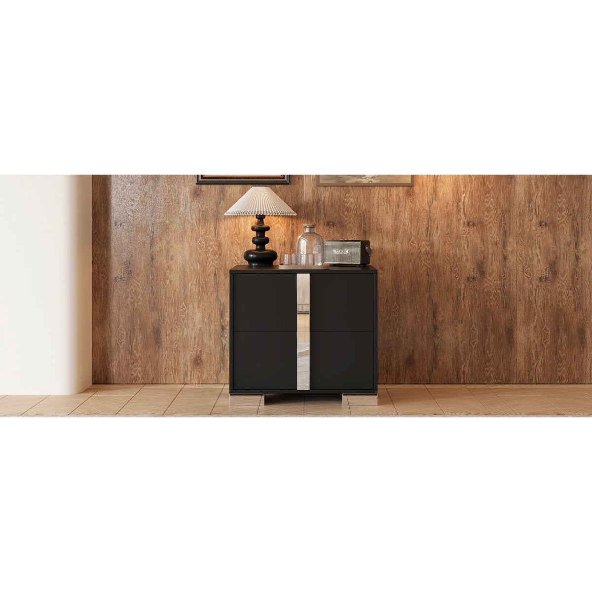 variant-group:rf-n733p307938b|Roomfitters Elegant Mirrored Nightstand with 2 Drawers and Metal Handle, Bedside Table for Bedroom or Living Room, Black