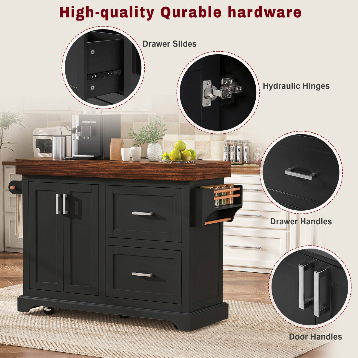 variant-group:rf-n707s000025b|Roomfitters 53" Kitchen Island with Butcher Block Top, Storage Cabinet with Drawers, Spice Rack and Towel Holder, Black