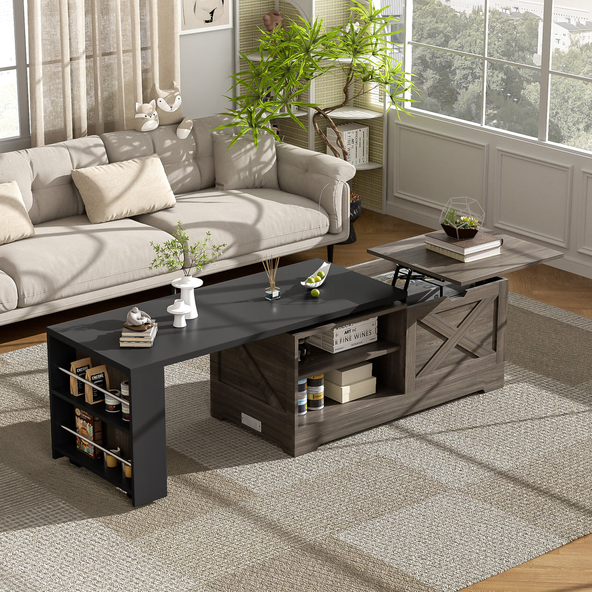 variant-group:rf-n724p351732e|Roomfitters Farmhouse Lift Top Coffee Table with Barn Doors and Outlets, Brown & Black