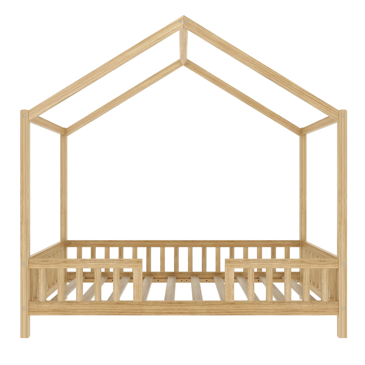 variant-group:rf-n733p356043m|Roomfitters Twin Montessori Floor Bed with Canopy, House Shape Wood Frame with Safety Rails, Youth Platform Bed, Natural