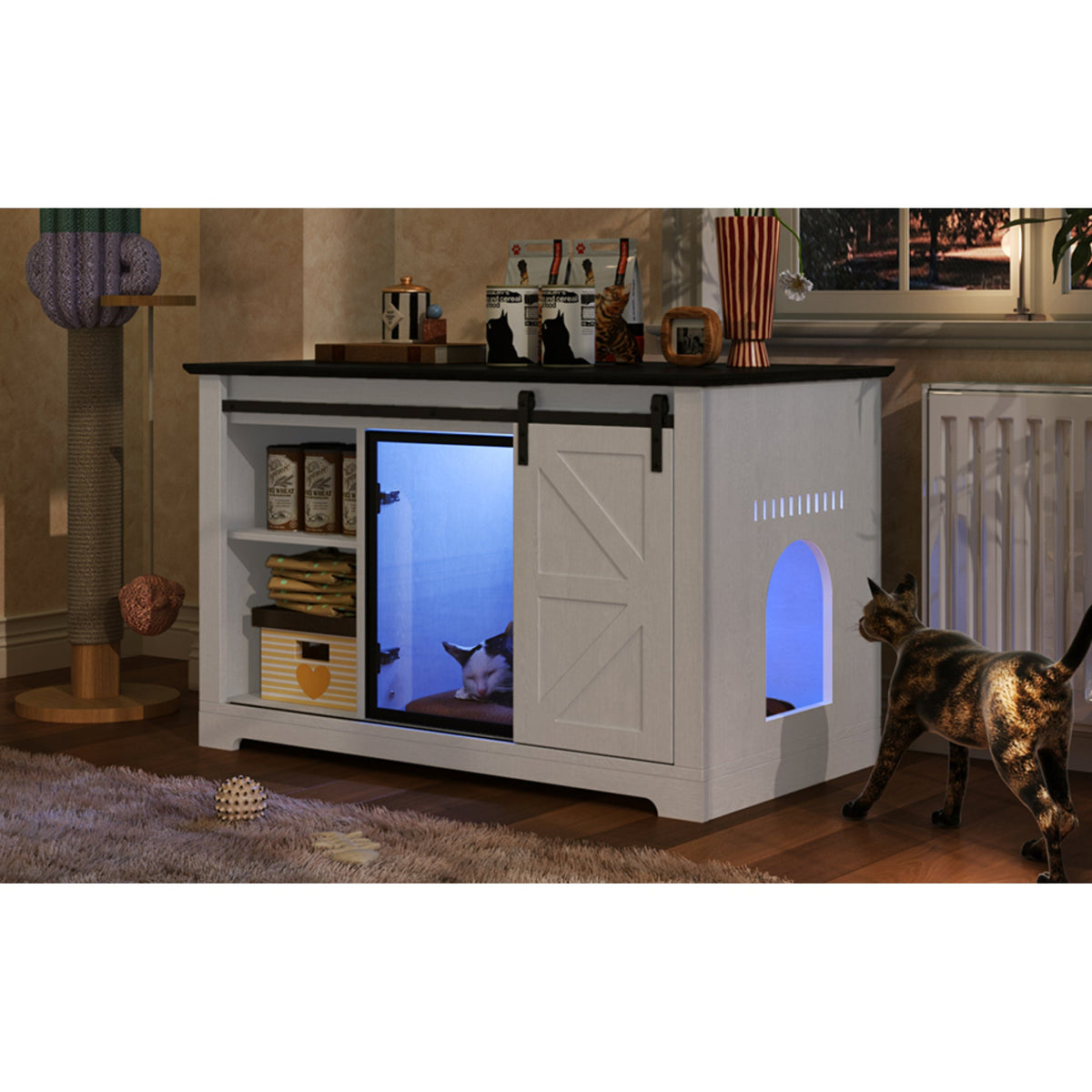 Roomfitters 46-Inch Farmhouse Cat Litter Box Enclosure Hidden Cabinet Nightstand with Sliding Barn Door White Roomfitters