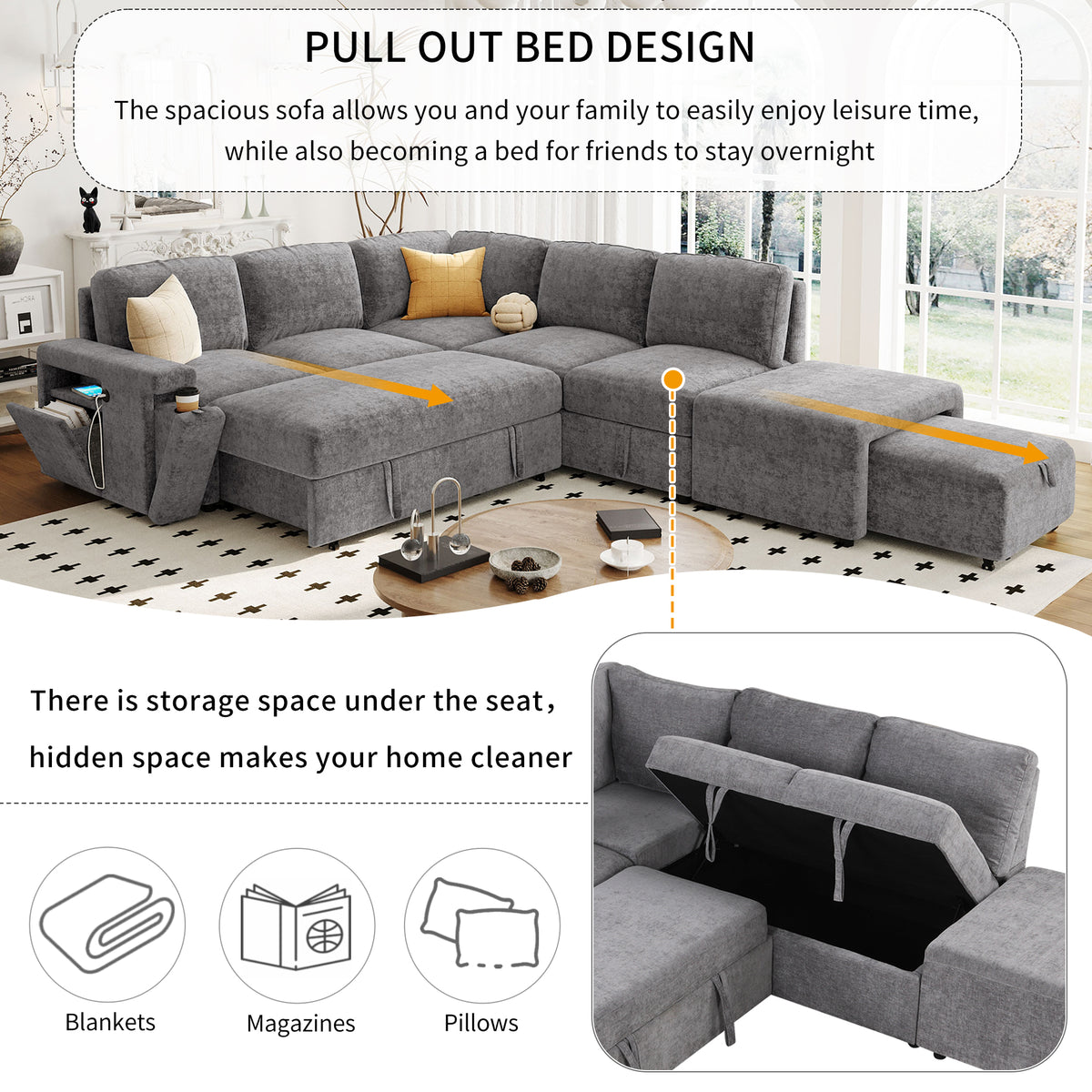variant-group:rf-n711wy000390aae|Roomfitters L-Shaped Padded Modular Sofa with Storage Space, USB Ports, and Cup Holders on the Armrests, Suitable for Living Rooms, Offices, and Apartments, Gray