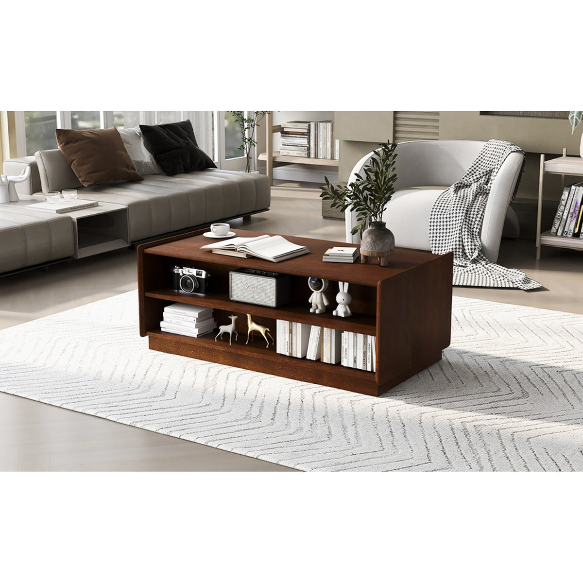 variant-group:rf-n724p286421d|Roomfitters Rectangle Coffee Table with Fluted Style, 4 Storage Compartments and Glass Display Shelves, Brown