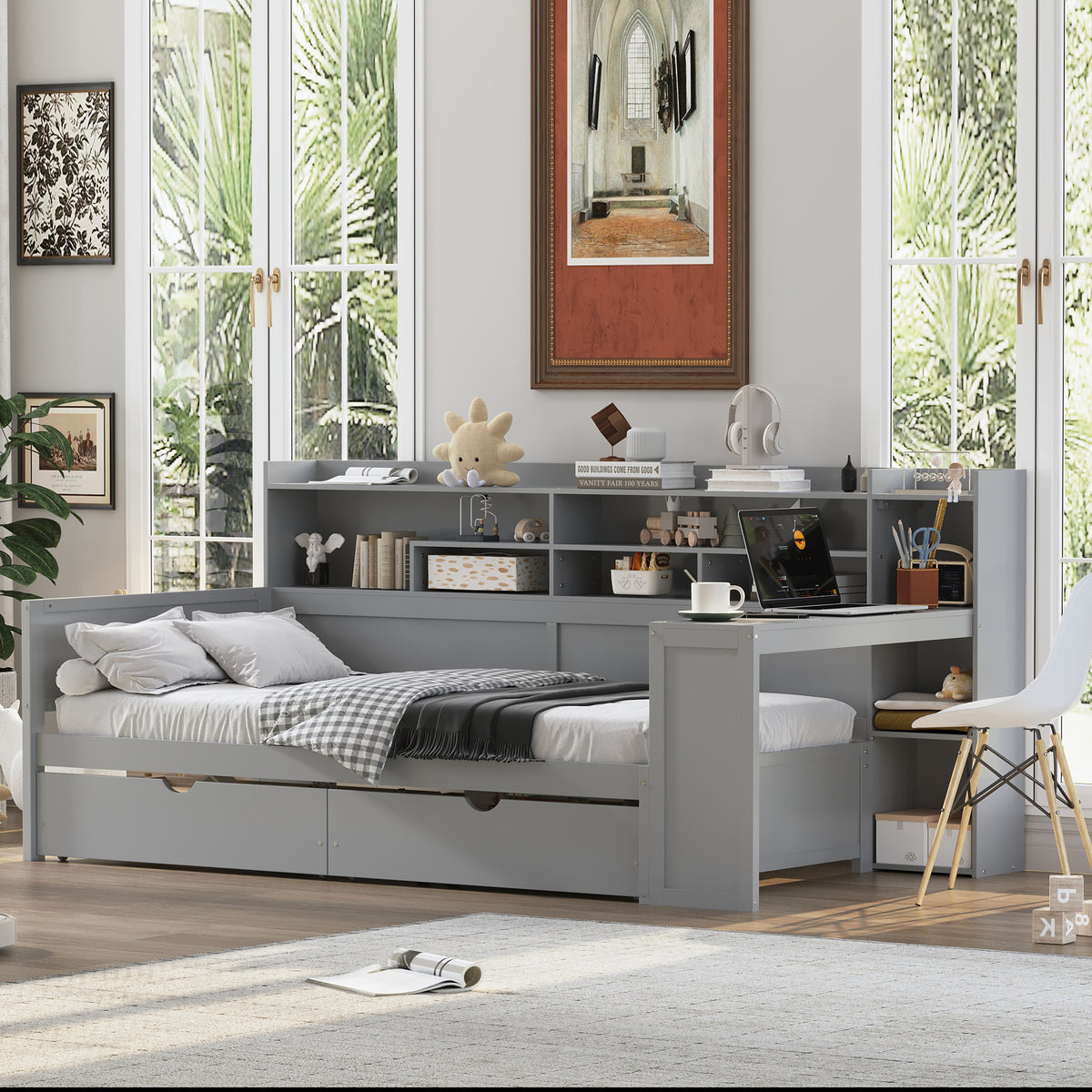 variant-group:rf-n733s241484e|Roomfitters Wooden Twin Size Daybed with Storage Shelves, Multi-functional Bed with Two Storage Compartments and Study Desk, Gray