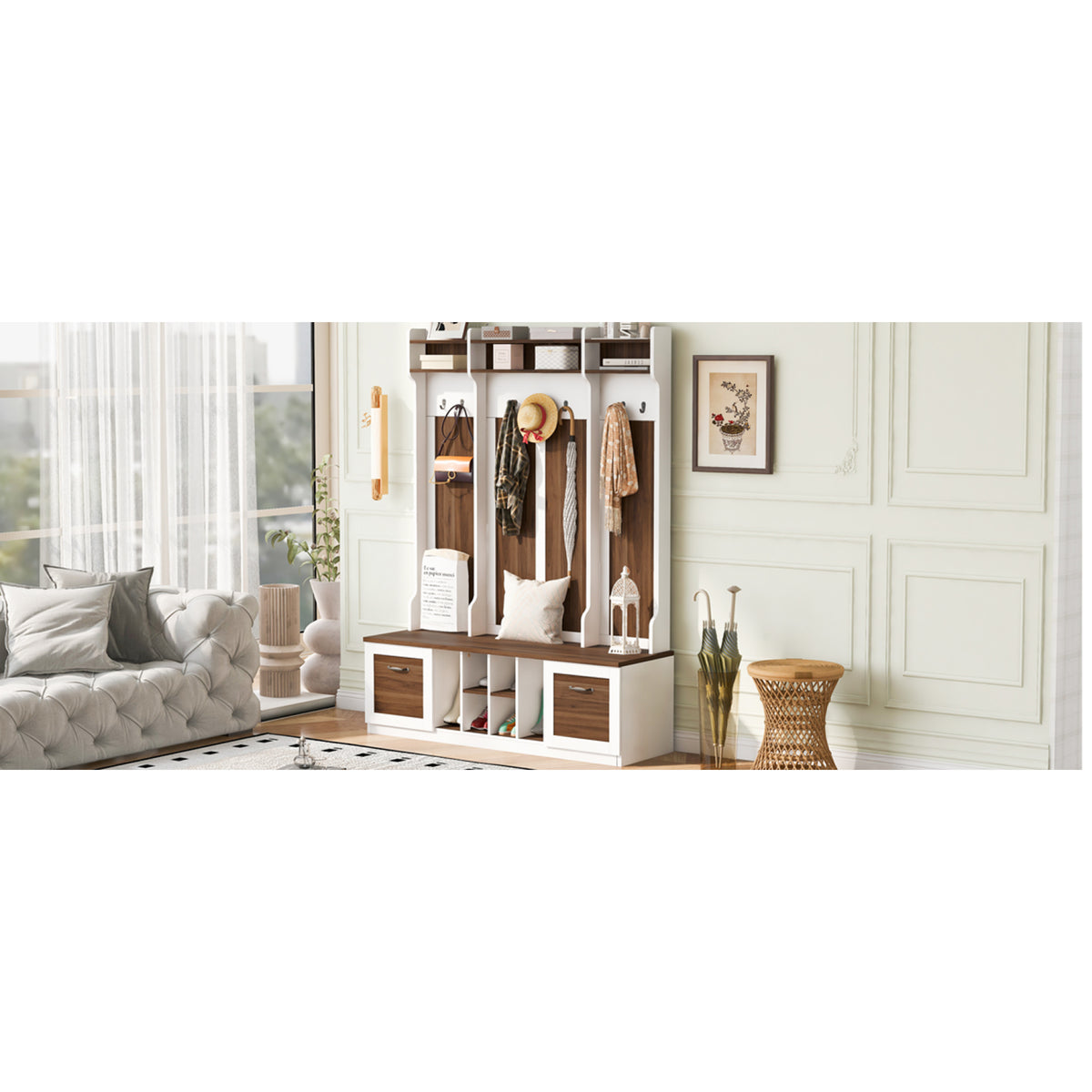 variant-group:rf-n724p235232d|Roomfitters 5-in-1 Entryway Bench with Coat Rack, Hooks, Drawers and Adjustable Shelves, Hall Tree for Hallway or Living Room, Brown+White