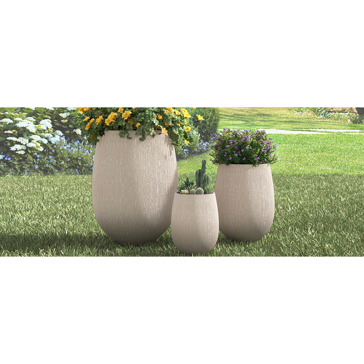 variant-group:rf-n711p406659a|Roomfitters Modern Egg-Shaped MGO Planter Set, 3-Piece Textured Faux Stone Flower Pots, Beige Patio Garden Urns