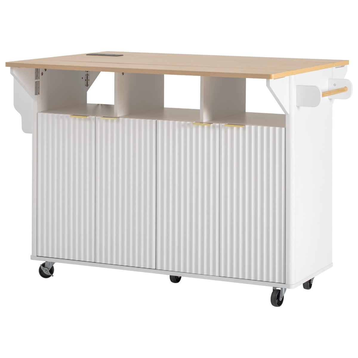 variant-group:rf-n707p353934w|Roomfitters 55.5" Fluted Kitchen Island with Double Drop Leaf, White Storage Cart with Power Outlet & Wood-grain Top