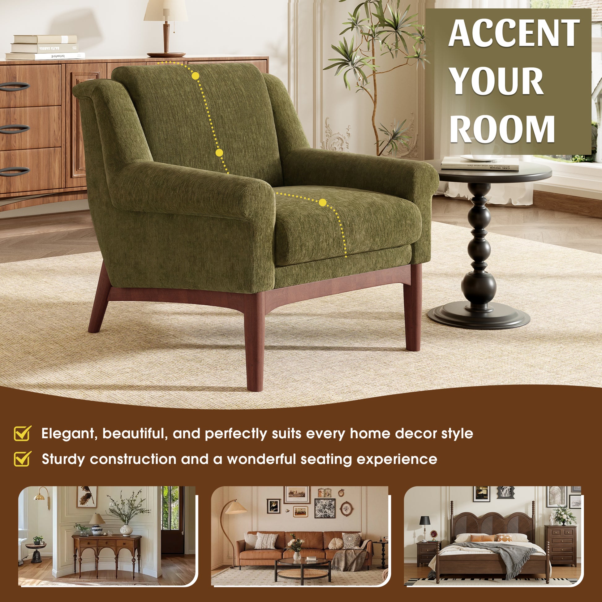variant-group:rf-n723p426251g|Roomfitters Mid-Century Modern Textured Upholstered Accent Chair, Comfy Armchair with Sturdy Solid Wood Legs for Home, Green