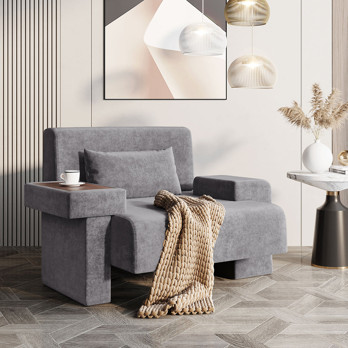 variant-group:rf-n724sj000130aae|Roomfitters Oversized Mid-Century Armchair 48” Wide with Soft Cushion and Wood Frame, Lounge Reading Chair, Gray