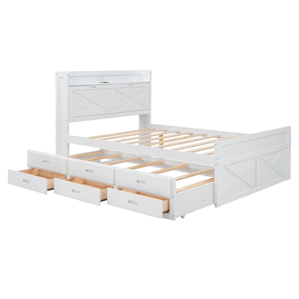 variant-group:rf-n733s172712k|Roomfitters Full Size Wooden Bed with Storage Headboard, Integrated Outlets, Extendable Frame with Twin Trundle and Additional Storage, White