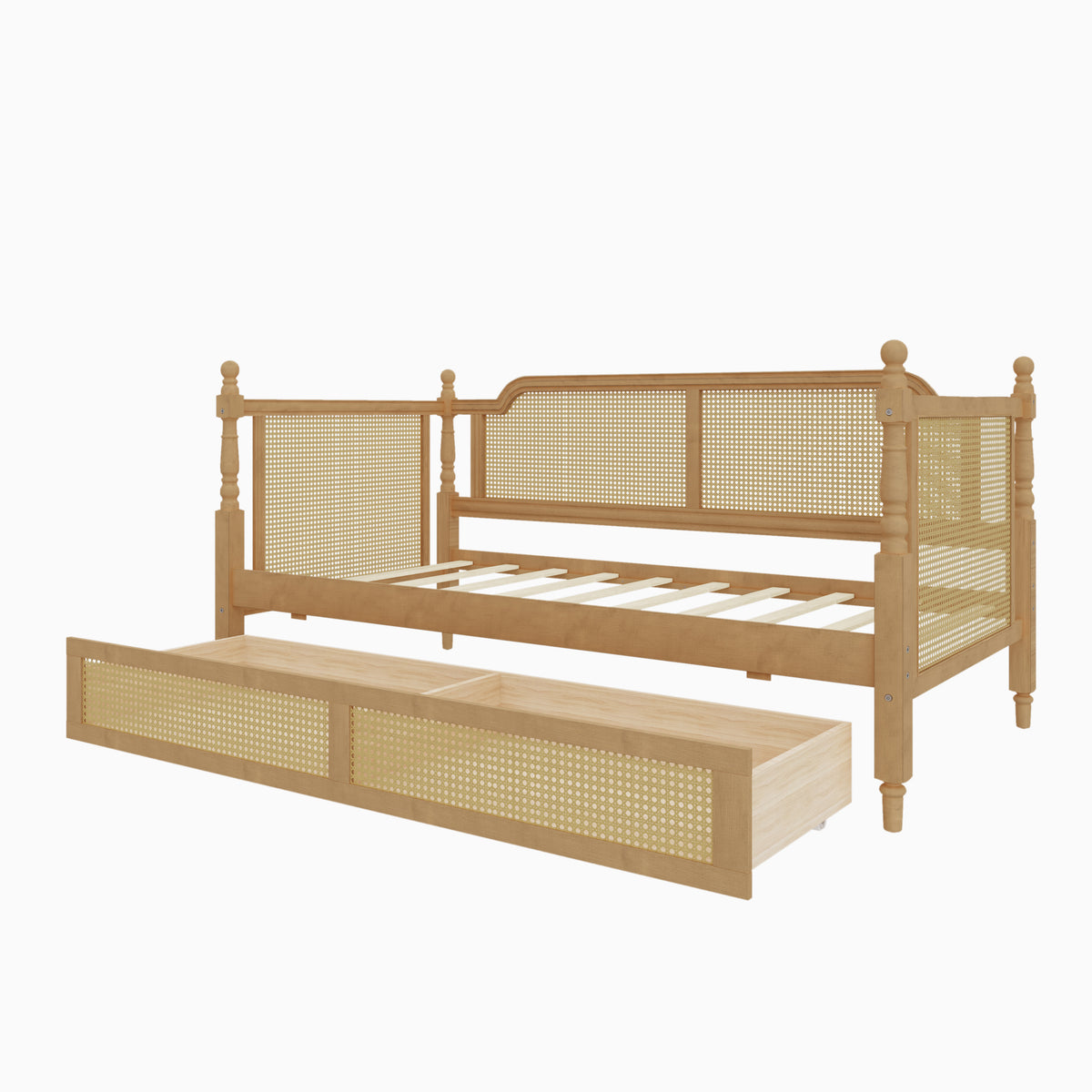 variant-group:rf-n701bs701p415472d|Roomfitters Twin Size Traditional Rattan Daybed Frame with 2 Storage Drawers, French Country Wood Bed, No Box Spring, Walnut