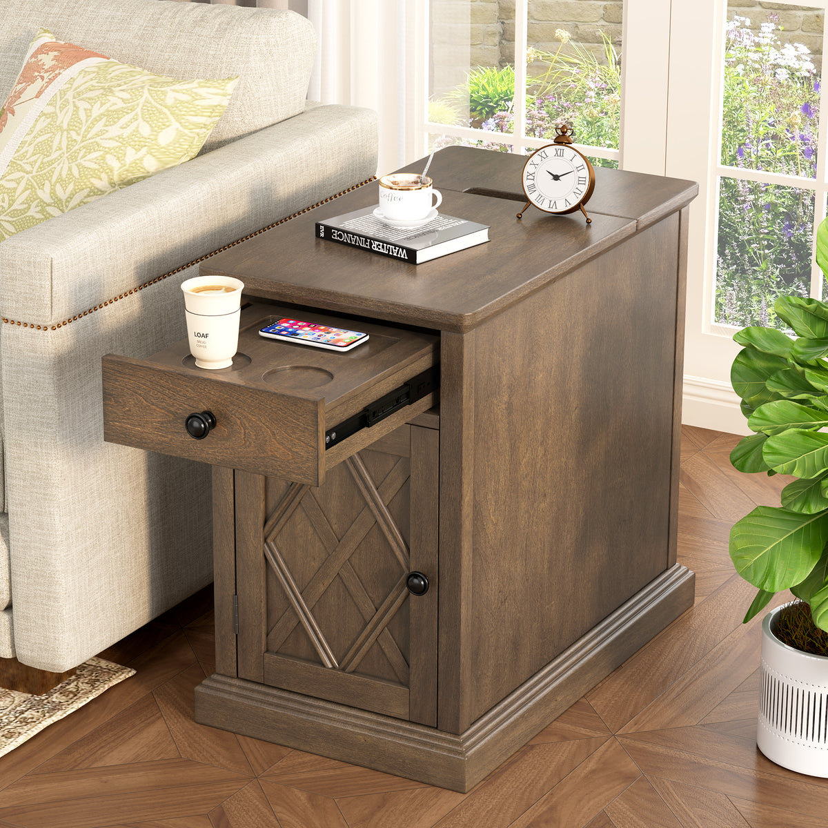 variant-group:rf-n724p353565p|Roomfitters Classic Charging End Table with USB Ports and Storage Drawer, Antique Espresso