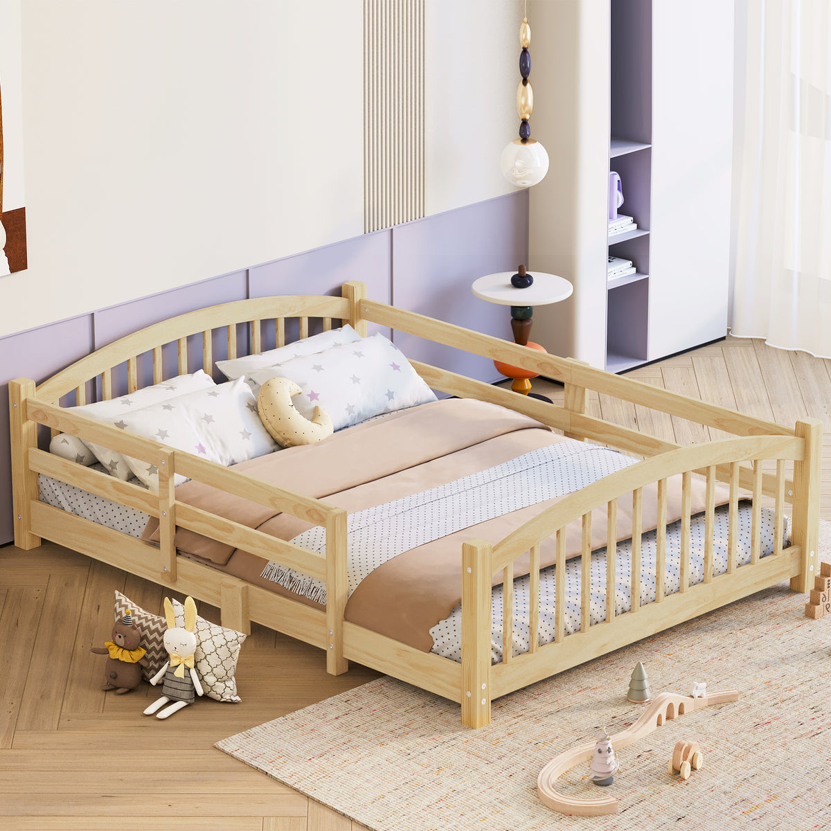 variant-group:rf-n733p400299n|Roomfitters Full Montessori Floor Bed with Guardrails, Solid Wood Low Platform Bed with Slats, Easy Assembly, Natural