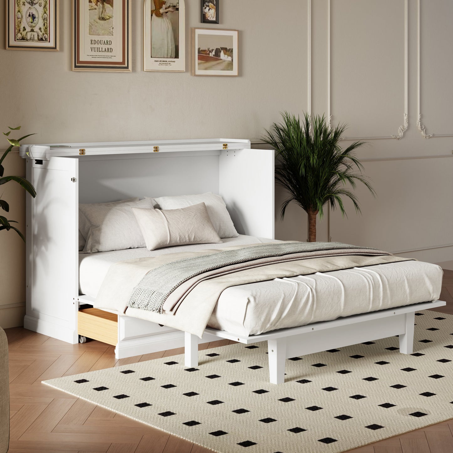 variant-group:rf-n701bs701p170501k|Roomfitters Full Size Murphy Bed Cabinet with Charging Station and Storage Drawer, Freestanding Fold Out Guest Bed, White