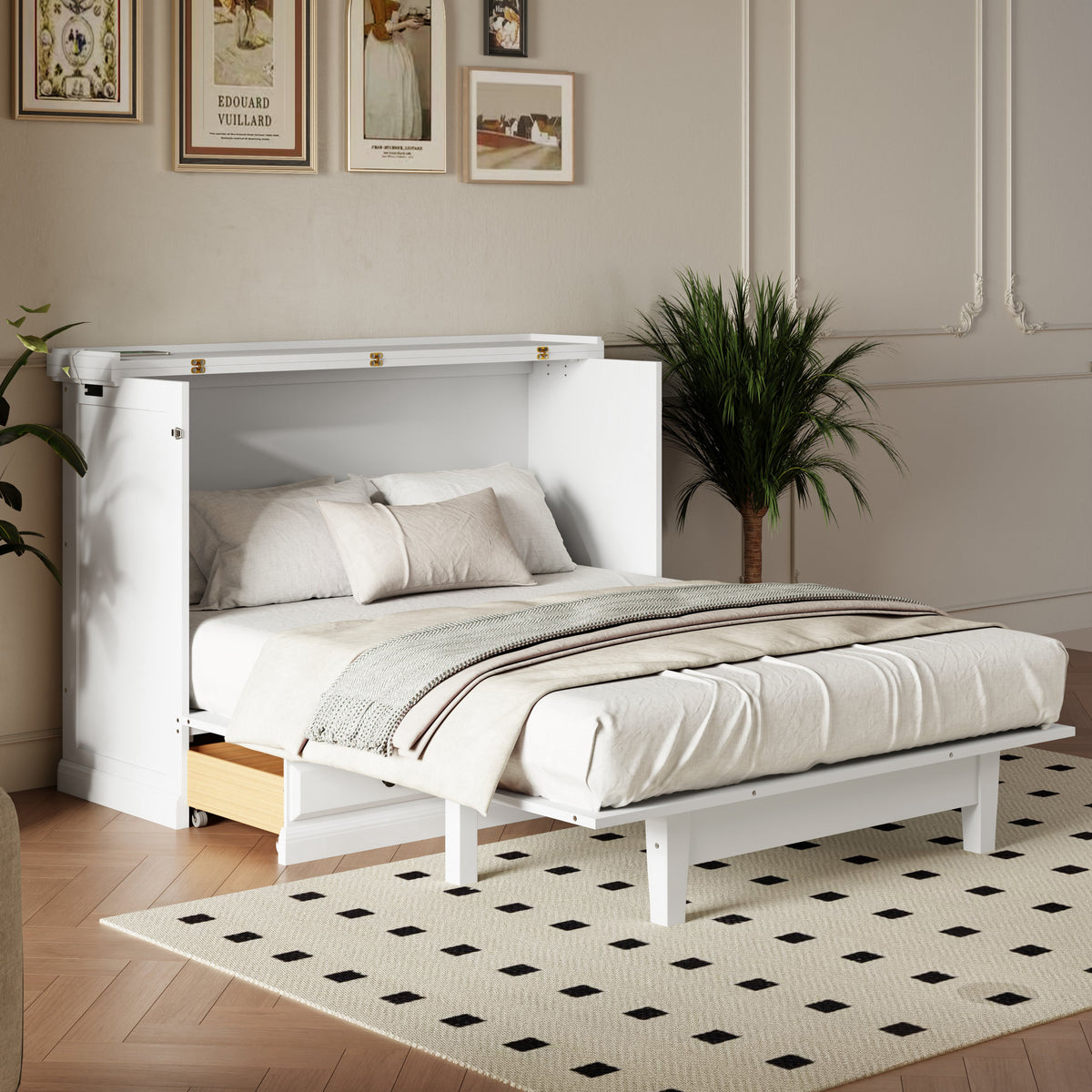 variant-group:rf-n701bs701p170501k|Roomfitters Full Size Murphy Bed Cabinet with Charging Station and Storage Drawer, Freestanding Fold Out Guest Bed, White