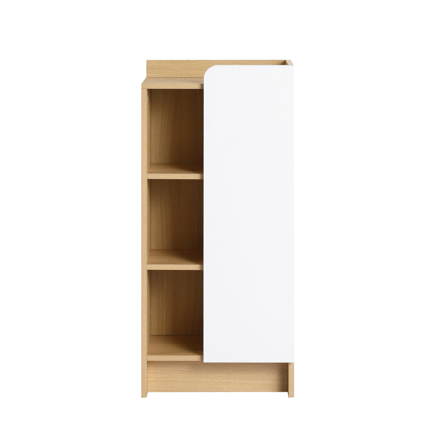 16" Medium Light Oak Freestanding Bathroom Side Cabinet, Narrow Storage Cabinet with Single Door & 3-Tier Open Shelves, KD (Ready-to-Assemble), Dual-Color Door Panels (White & Black), Plywood Construc