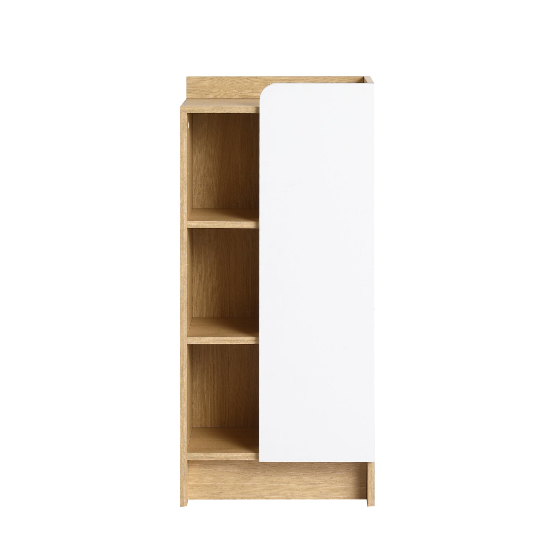 16" Medium Light Oak Freestanding Bathroom Side Cabinet, Narrow Storage Cabinet with Single Door & 3-Tier Open Shelves, KD (Ready-to-Assemble), Dual-Color Door Panels (White & Black), Plywood Construc