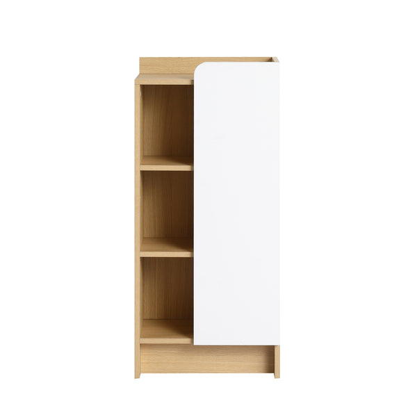 16" Medium Light Oak Freestanding Bathroom Side Cabinet, Narrow Storage Cabinet with Single Door & 3-Tier Open Shelves, KD (Ready-to-Assemble), Dual-Color Door Panels (White & Black), Plywood Construc
