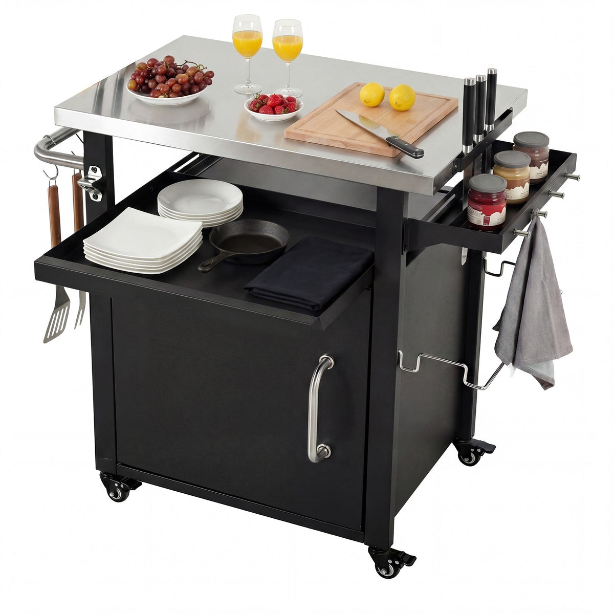 Roomfitters 39.5" Grill Cart with Stainless Steel Top, Outdoor Kitchen Island, BBQ Prep Station with Trash Bag Holder, Black