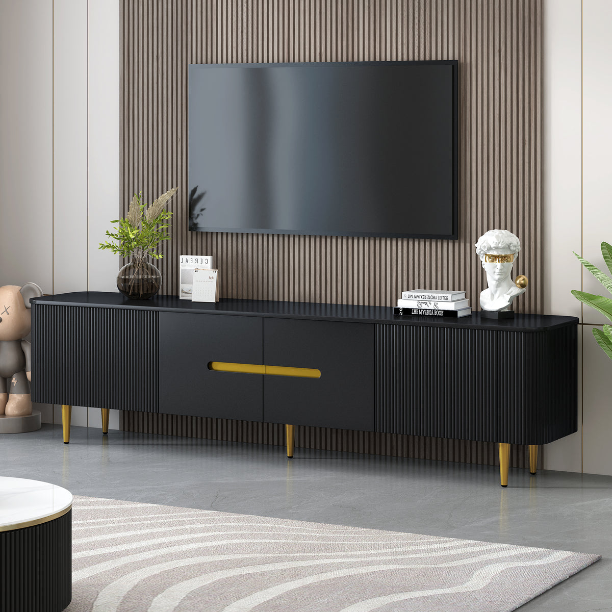 variant-group:rf-n724sj000143aab|Roomfitters Minimalist TV Stand for up to 85 Inch TV, Entertainment Center with Four Spacious Cabinets, Black