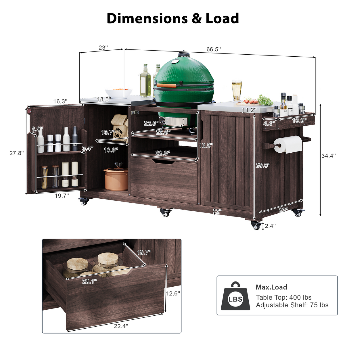 variant-group:rf-n707p250629z|Roomfitters 66.5" Outdoor Kitchen Island for Big Kamado Grills, Wood Grill Cart with Stainless Steel Top, Storage, Dark Brown