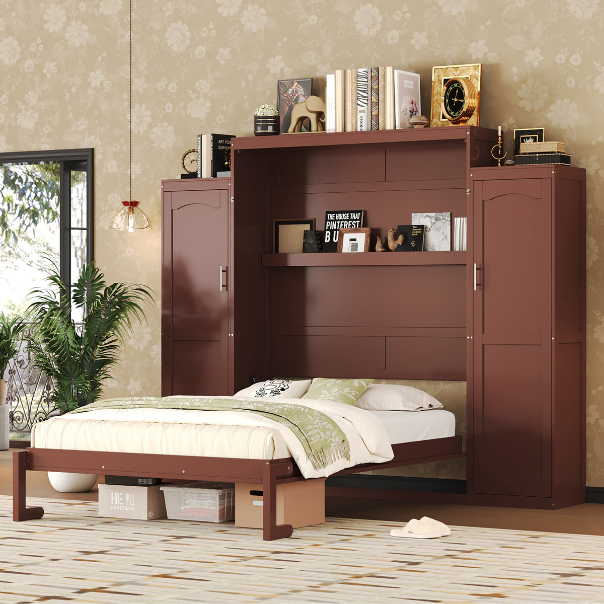 variant-group:rf-n733s235627d|Roomfitters Queen Murphy Wall Bed with Two Wardrobes and Storage Shelf, Foldable Platform Bed Frame for Guest Room, Walnut