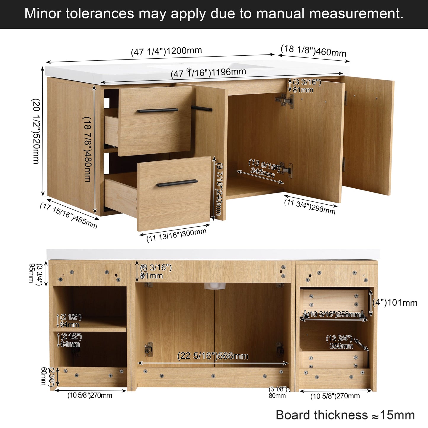 48" Light Oak Floating Bathroom Vanity with Sink, Modular 3-Piece Cabinet (2-Door + 1-Door + 2-Drawer), Gel-Coat Integrated Sink Top, Wall-Mounted, 4 Packages Roomfitters