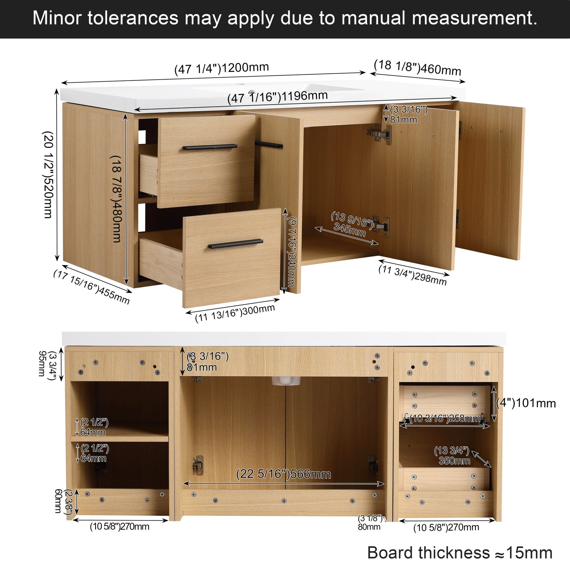 48" Light Oak Floating Bathroom Vanity with Sink, Modular 3-Piece Cabinet (2-Door + 1-Door + 2-Drawer), Gel-Coat Integrated Sink Top, Wall-Mounted, 4 Packages Roomfitters