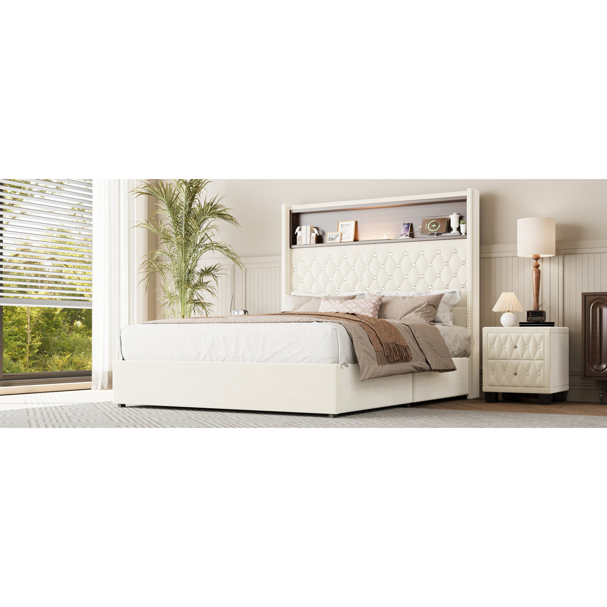 variant-group:rf-n733p368653a|Roomfitters Full Velvet Tufted Platform Bed with Charging Ports, Tall Wingback Headboard with Rivet Trim and Shelf, Beige