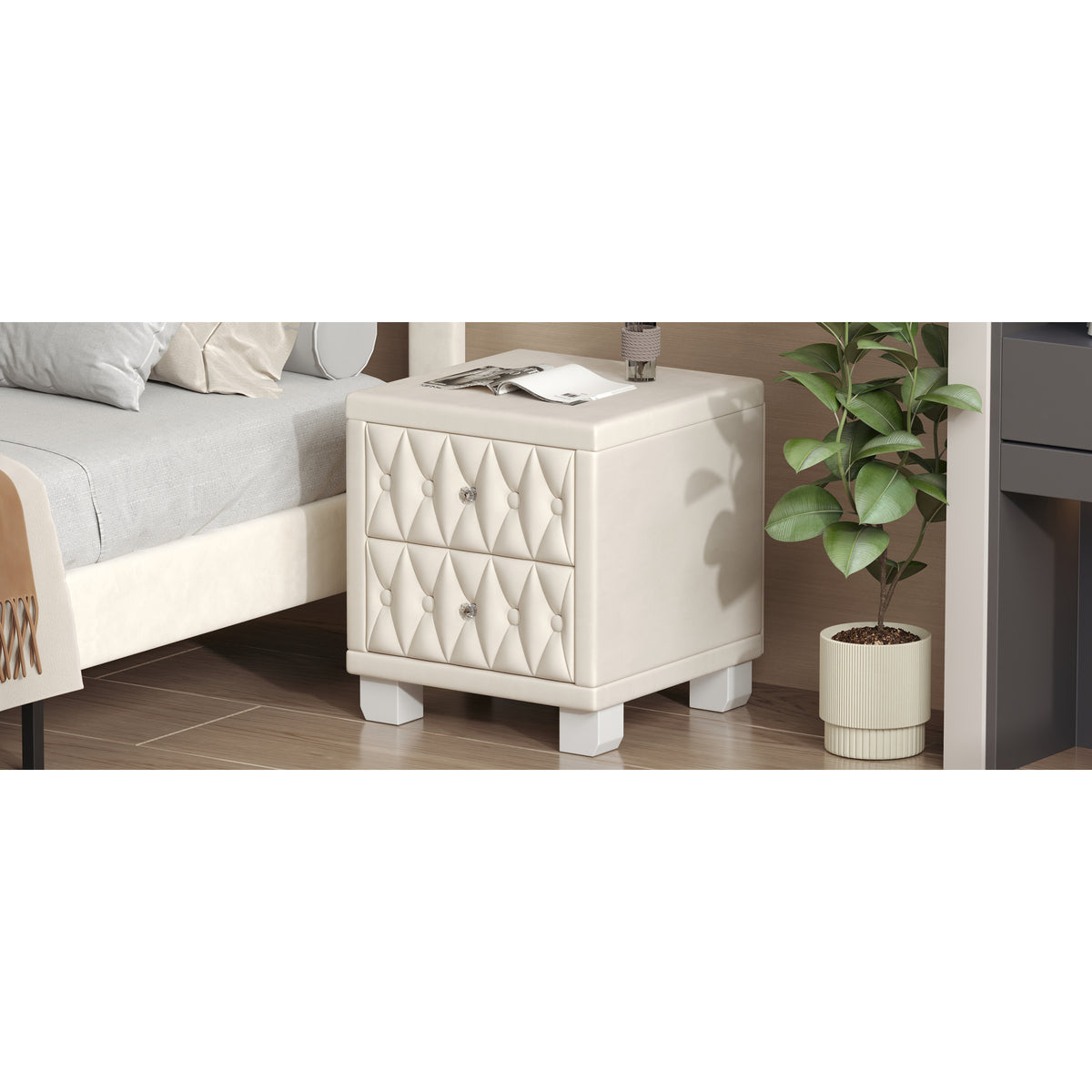variant-group:rf-n733p210398a|Roomfitters Velvet Nightstand with Crystal Handles, Button-Tufted Upholstered Bedside Table with Two Storage Compartments, Beige