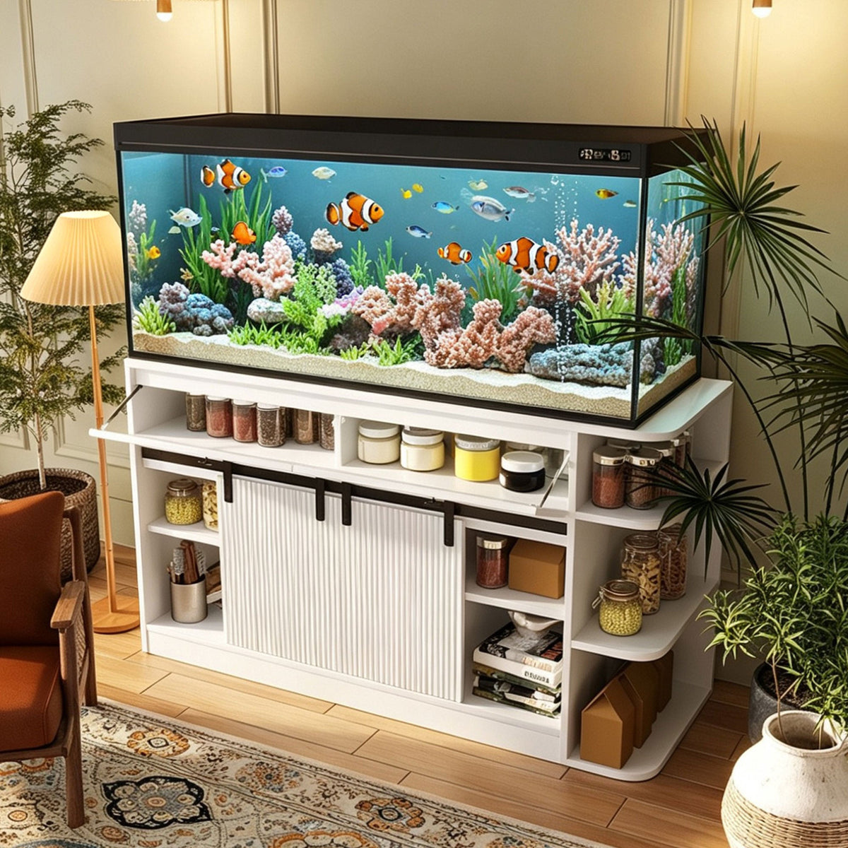 Roomfitters 75 Gallon Fish Tank Stand with Smart App RGB LED Lights Sliding Fluted Doors and Power Outlets White Roomfitters