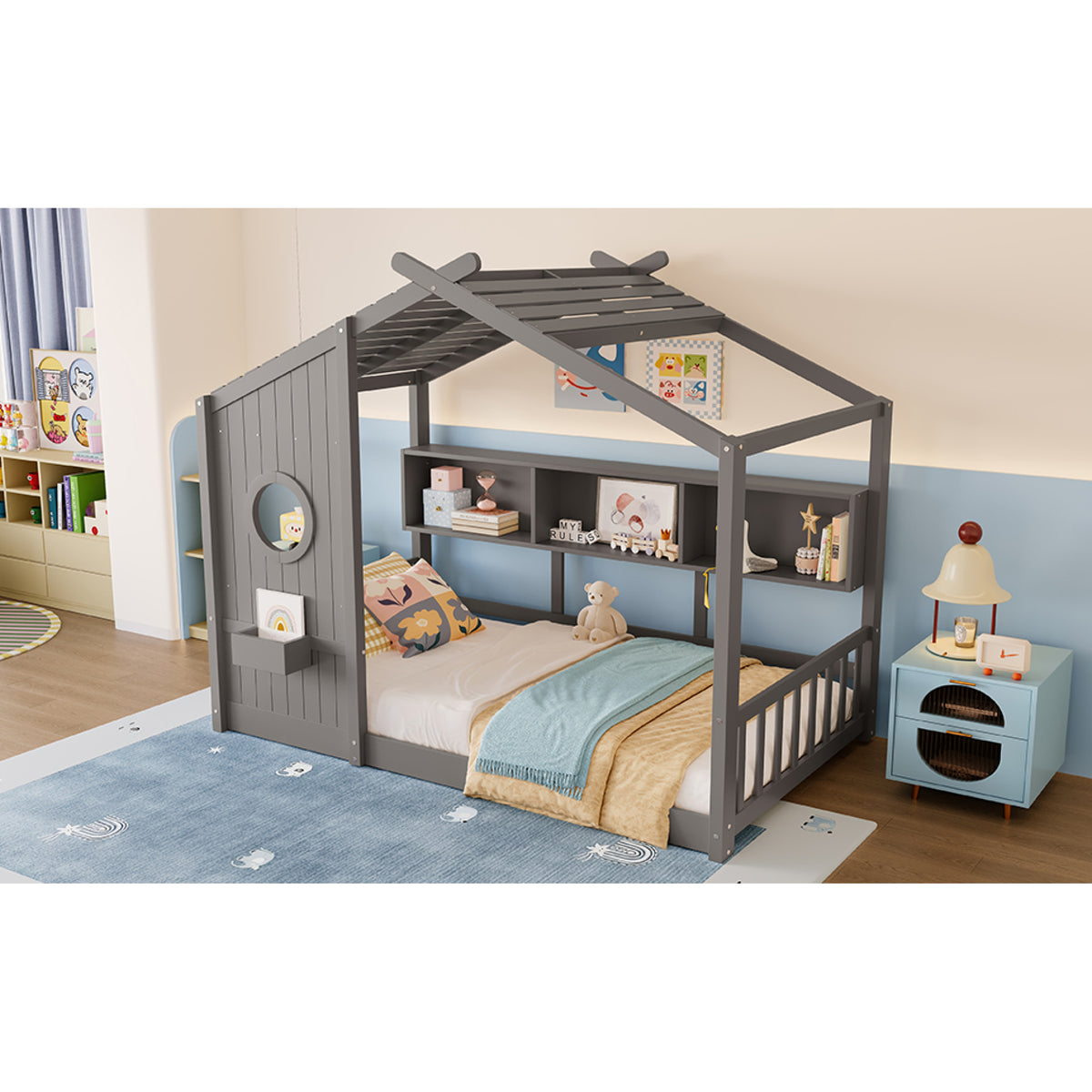 variant-group:rf-n733p335064e|Roomfitters Twin Size Floor House Bed with Storage Shelf and Roof Design, Montessori Playhouse Bed, Gray