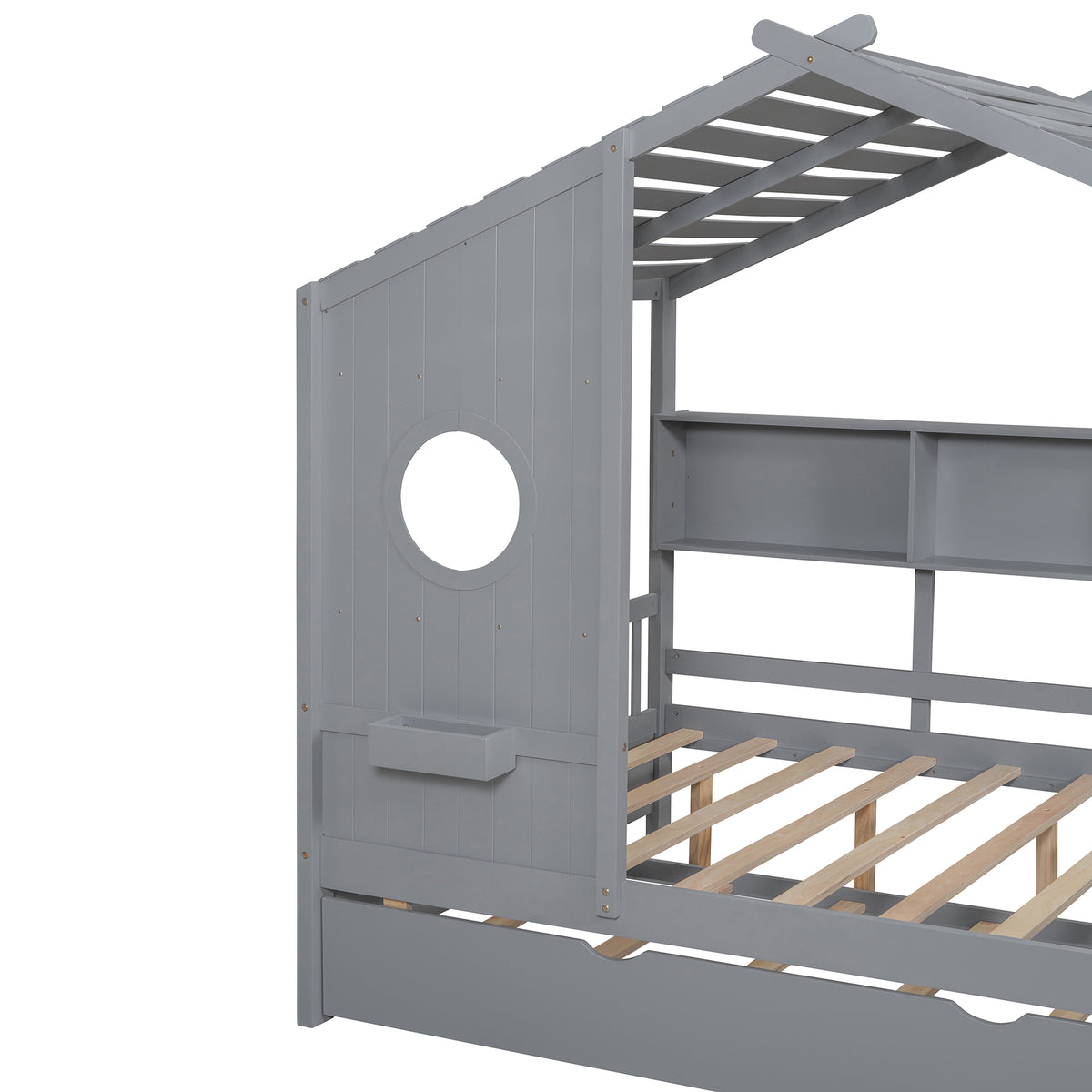 variant-group:rf-n733s316125e|Roomfitters Wooden Full Size House Bed with Trundle and Storage Shelf, Gray
