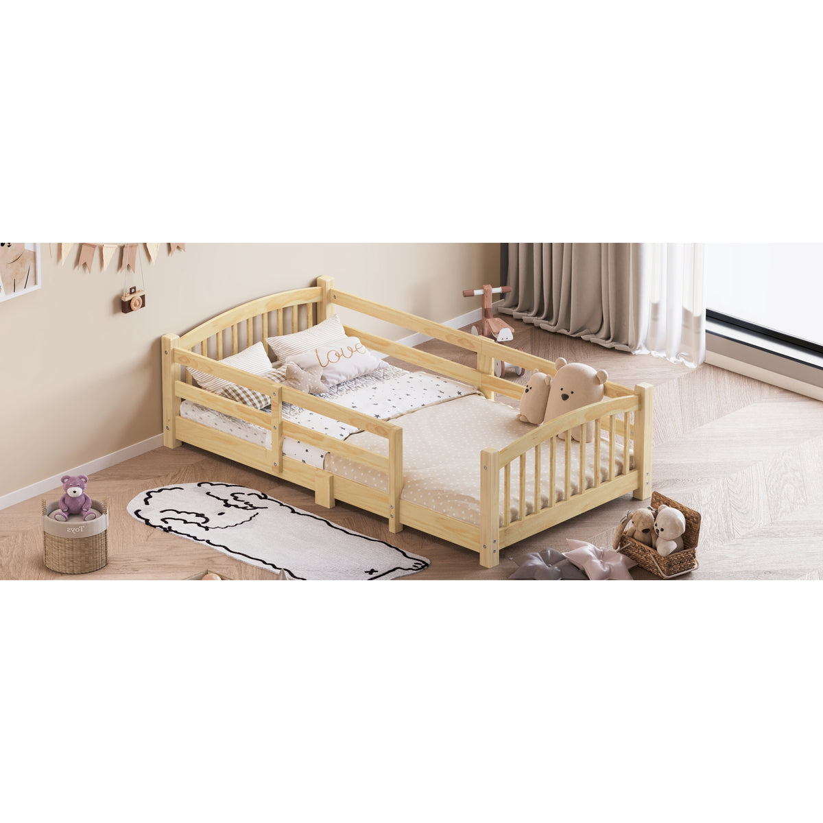variant-group:rf-n733p400298n|Roomfitters Twin Montessori Floor Bed with Guardrails, Solid Wood Low Platform Bed with Slats, Easy Assembly, Natural