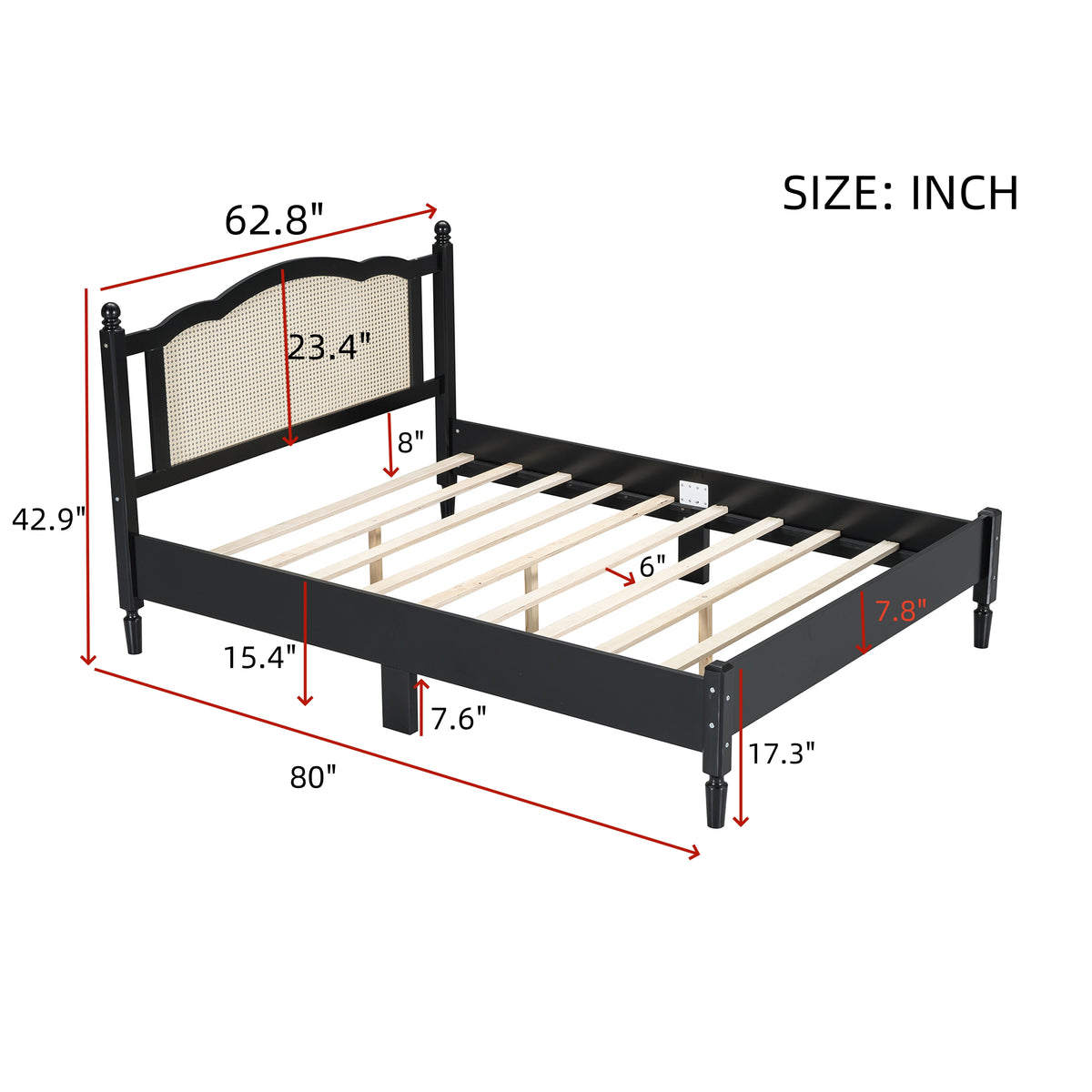 variant-group:rf-n733p180013b|Roomfitters Queen Size Wooden Platform Bed with Natural Rattan Headboard, Vintage-Inspired Bed Frame with Sturdy Wooden Slat Support for Timeless Elegance, Black