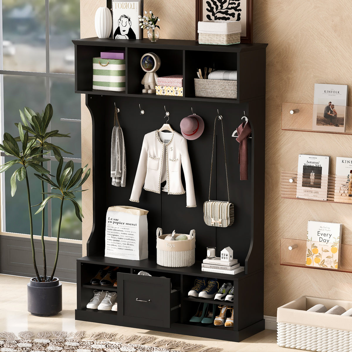 variant-group:rf-n724p264673b|Roomfitters 3-in-1 Hall Tree with 6 Hooks, Coat Rack and Entryway Bench, 57" Organizer with Drawer for Hallway or Living Room, Black