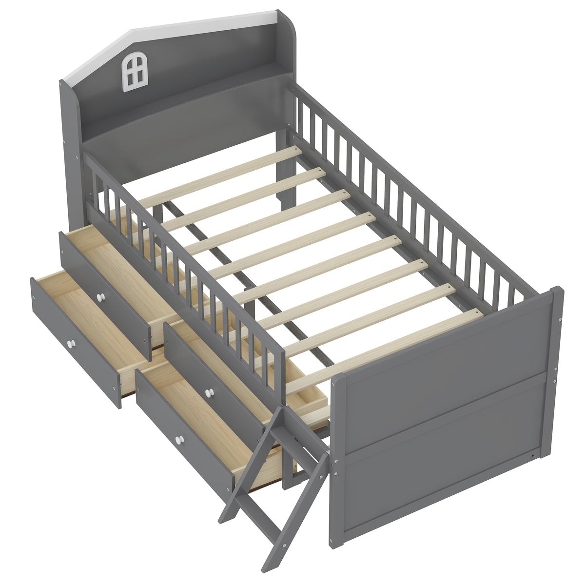 variant-group:rf-n733s278032e|Roomfitters Twin Platform Bed Frame with Four Drawers, Wooden Kids Bed with Guardrail Headboard and Ladder, Gray
