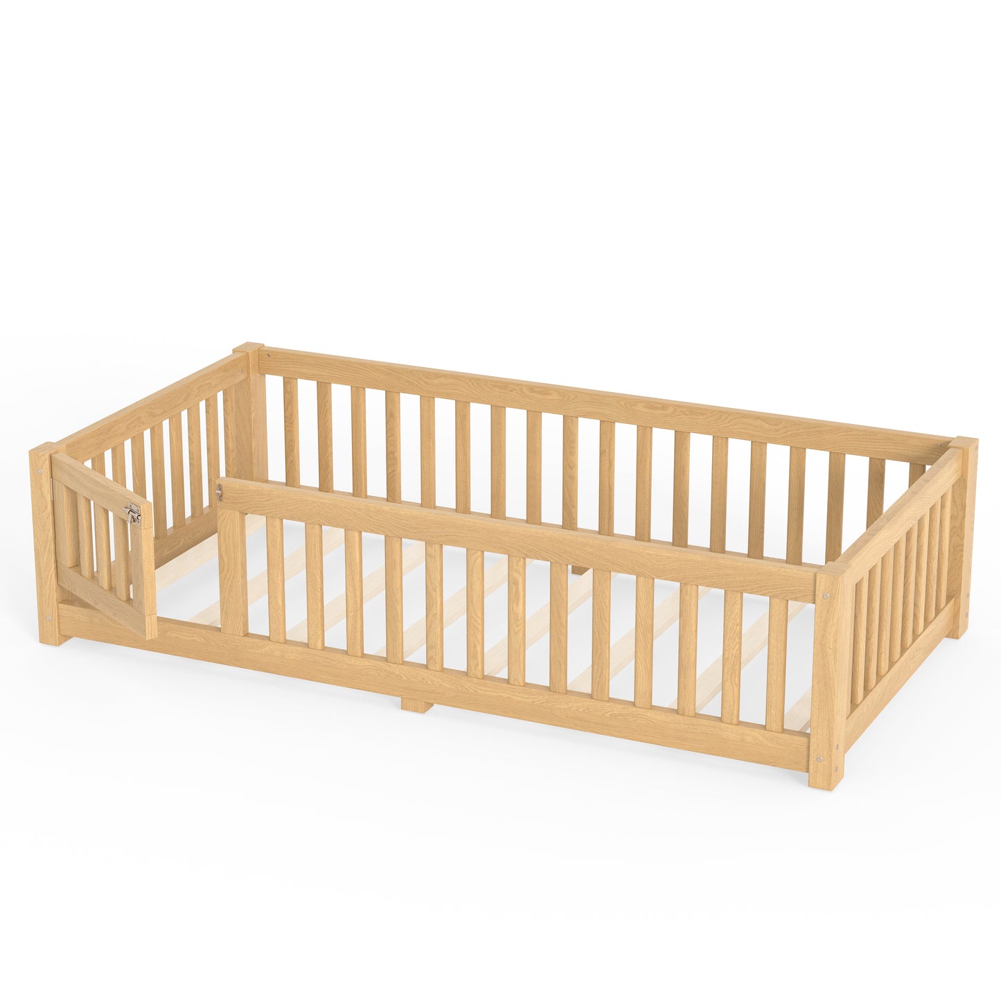 variant-group:rf-w1580p462314|Roomfitters Twin Size Wooden Floor Bed Frame with Safety Guardrails Door, Solid Wood Low Profile Toddler Play Bed, Natural