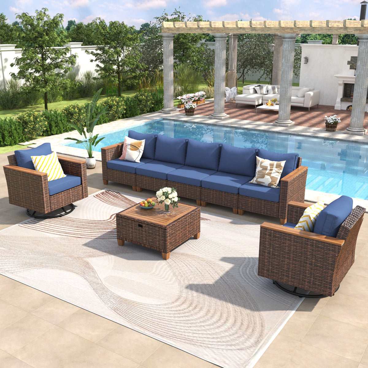 variant-group:rf-n707s005016e|Roomfitters 8-Piece Patio Furniture Set with 360 Swivel Rocker Chairs, Modular Outdoor Sectional Sofa & Table, Blue+Brown