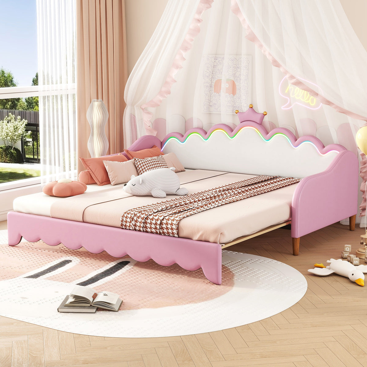 variant-group:rf-n733hl000104aah|Roomfitters Twin Extending Daybed with Lights, Modern Upholstered Princess Daybed Featuring Crown Headboard, Elegant and Practical Design, Pink