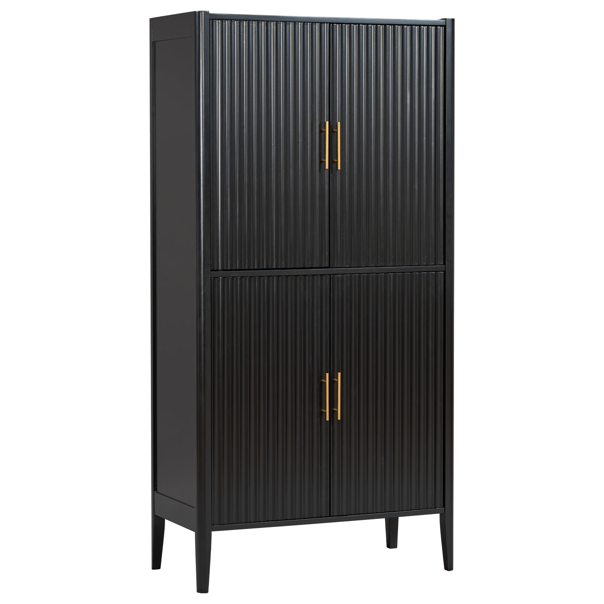 variant-group:rf-n711wy000539aab|Roomfitters Modern Black Fluted 4-Door Tall Wine Bar Storage Cabinet, Glass Display Rack, Built-In LED Lighting