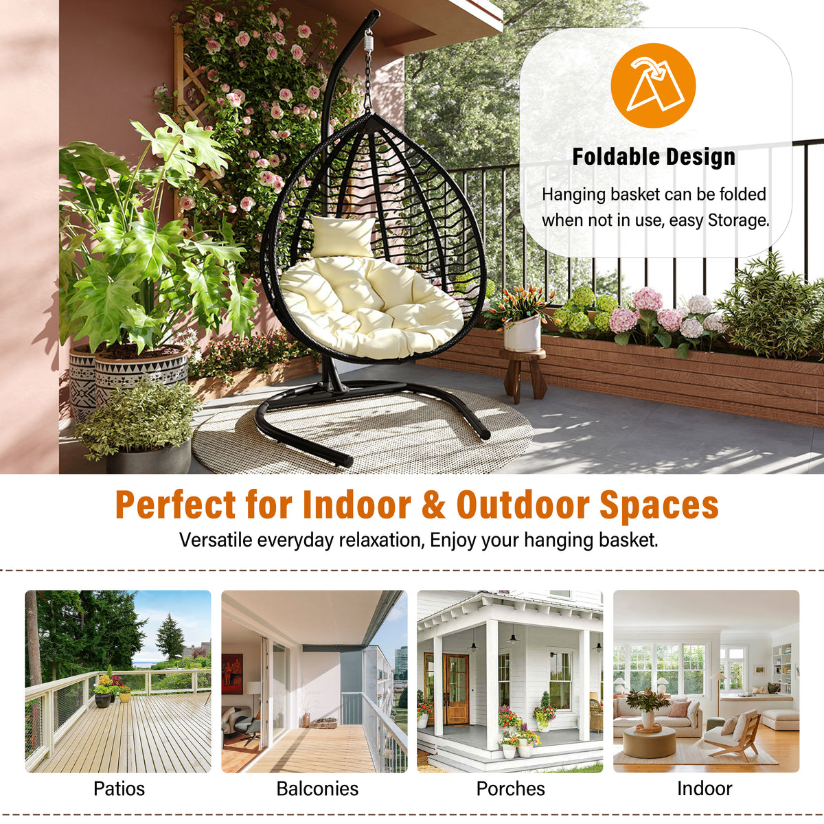 variant-group:rf-n711p389502a|Roomfitters Indoor Outdoor Hanging Egg Hammock Chair with Stand, Wicker Rattan Swing for Patio and Bedroom, Black+Beige